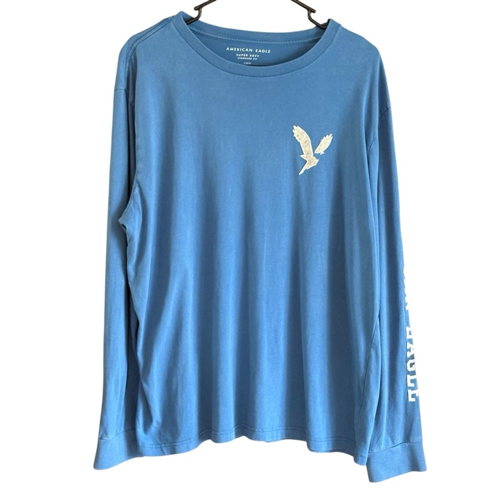 American Eagle Super Soft Long Sleeve Shirt Mens L Blue White Print‎ Sleeve Logo